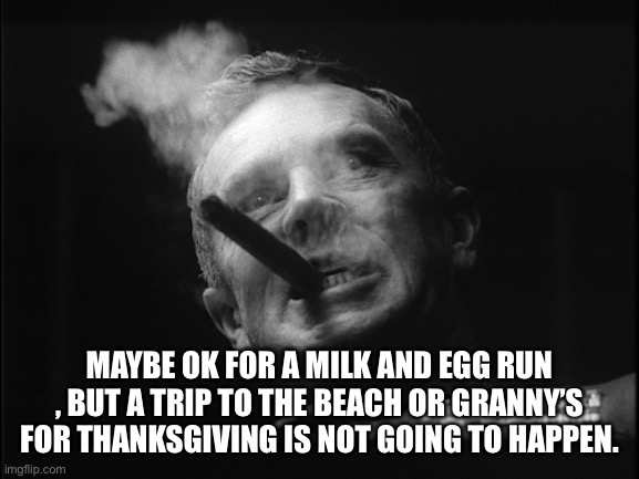 General Ripper (Dr. Strangelove) | MAYBE OK FOR A MILK AND EGG RUN , BUT A TRIP TO THE BEACH OR GRANNY’S FOR THANKSGIVING IS NOT GOING TO HAPPEN. | image tagged in general ripper dr strangelove | made w/ Imgflip meme maker