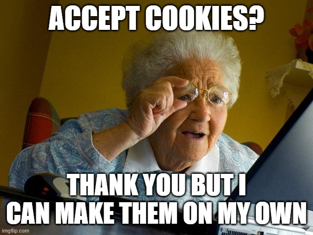 Grandma Finds The Internet Meme | ACCEPT COOKIES? THANK YOU BUT I CAN MAKE THEM ON MY OWN | image tagged in memes,grandma finds the internet | made w/ Imgflip meme maker