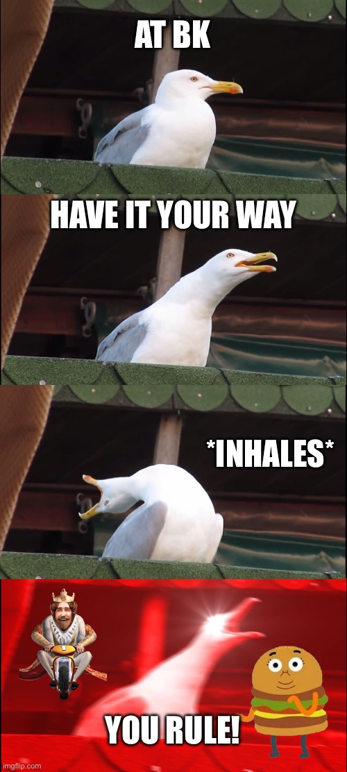 Kinda old but whatever | AT BK; HAVE IT YOUR WAY; *INHALES*; YOU RULE! | image tagged in memes,inhaling seagull | made w/ Imgflip meme maker