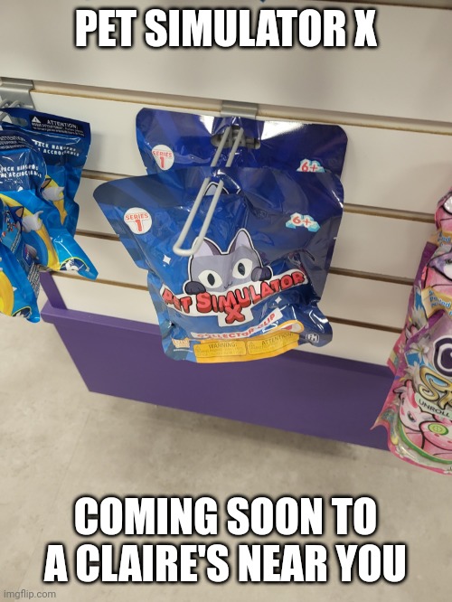 Claire's has pet Sim merch! | PET SIMULATOR X; COMING SOON TO A CLAIRE'S NEAR YOU | image tagged in roblox,claire's,stores | made w/ Imgflip meme maker