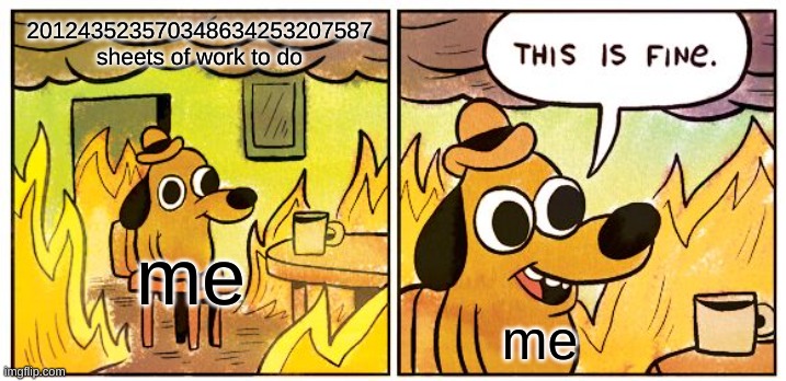 This Is Fine Meme | 201243523570348634253207587 sheets of work to do; me; me | image tagged in memes,this is fine | made w/ Imgflip meme maker