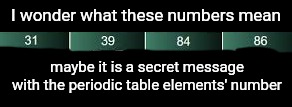 if you're not so lazy go and look them up, see what u get | I wonder what these numbers mean; maybe it is a secret message with the periodic table elements' number | made w/ Imgflip meme maker