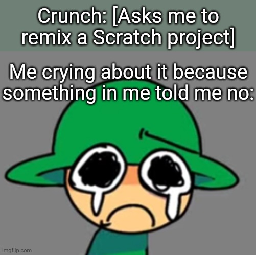 Haha ;u; | Crunch: [Asks me to remix a Scratch project]; Me crying about it because something in me told me no: | image tagged in idk,stuff,s o u p,carck | made w/ Imgflip meme maker