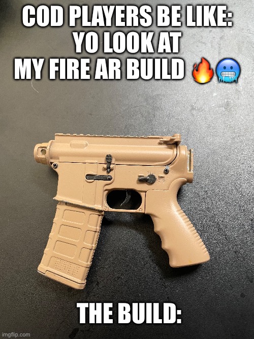 cod build | COD PLAYERS BE LIKE:
YO LOOK AT MY FIRE AR BUILD 🔥🥶; THE BUILD: | image tagged in cod,gaming | made w/ Imgflip meme maker