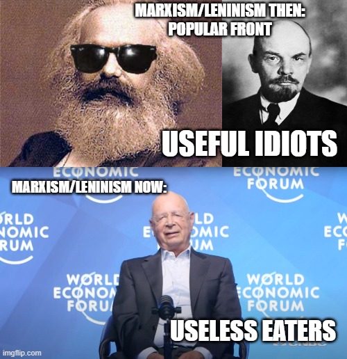 Why Socialism? | MARXISM/LENINISM THEN:
POPULAR FRONT; USEFUL IDIOTS; MARXISM/LENINISM NOW:; USELESS EATERS | image tagged in karl marx,lenin,klaus schwab,elitist,john kerry,albert einstein quotes | made w/ Imgflip meme maker