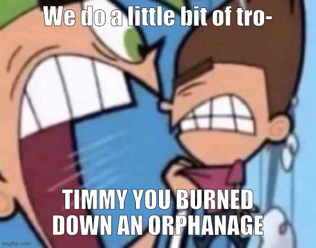 Cosmo yelling at timmy | We do a little bit of tro-; TIMMY YOU BURNED DOWN AN ORPHANAGE | image tagged in cosmo yelling at timmy | made w/ Imgflip meme maker