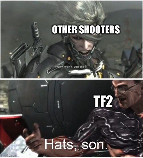 They rise in value in response to unusuals. | OTHER SHOOTERS; TF2; Hats, son. | image tagged in why won't you die | made w/ Imgflip meme maker