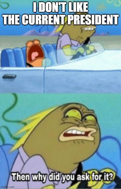 Just vote for the person you want. It ain't that hard. | I DON'T LIKE THE CURRENT PRESIDENT | image tagged in then why did you ask for it | made w/ Imgflip meme maker