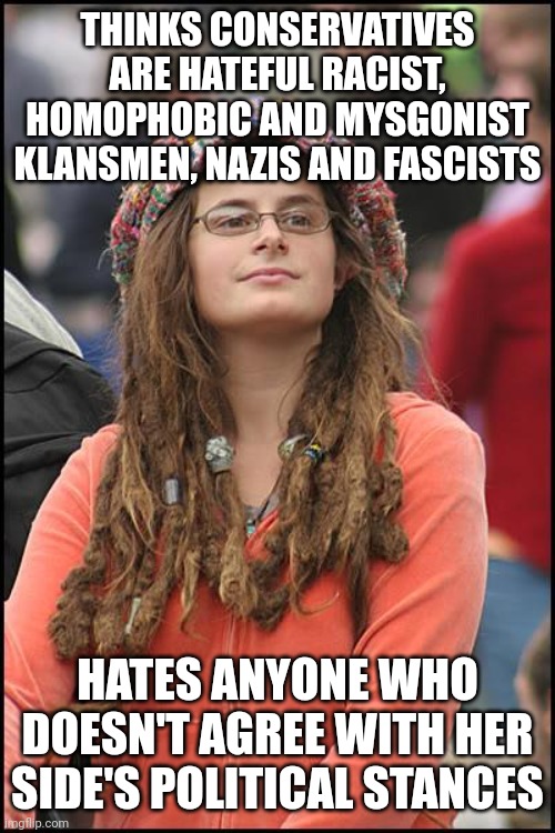 The left are actually the biggest hate group in the world | THINKS CONSERVATIVES ARE HATEFUL RACIST, HOMOPHOBIC AND MYSGONIST KLANSMEN, NAZIS AND FASCISTS; HATES ANYONE WHO DOESN'T AGREE WITH HER SIDE'S POLITICAL STANCES | image tagged in memes,college liberal,intolerance,liberal hypocrisy,stupid liberals,liberal logic | made w/ Imgflip meme maker