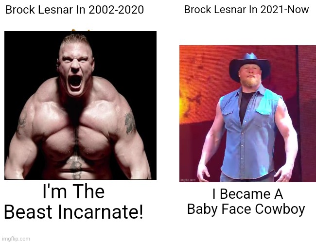 Brock Lesnar | Brock Lesnar In 2002-2020; Brock Lesnar In 2021-Now; I'm The Beast Incarnate! I Became A Baby Face Cowboy | image tagged in memes,buff doge vs cheems | made w/ Imgflip meme maker