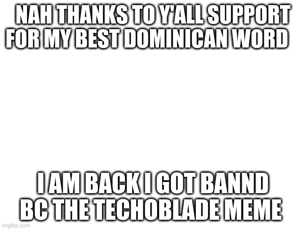 thanks alot | NAH THANKS TO Y'ALL SUPPORT FOR MY BEST DOMINICAN WORD; I AM BACK I GOT BANND BC THE TECHOBLADE MEME | image tagged in thank you | made w/ Imgflip meme maker
