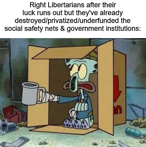Would the absurdity of the bootstrap idiom still be lost on them? | Right Libertarians after their luck runs out but they've already destroyed/privatized/underfunded the social safety nets & government institutions: | image tagged in libertarian,libertarians,libertarianism,politics | made w/ Imgflip meme maker