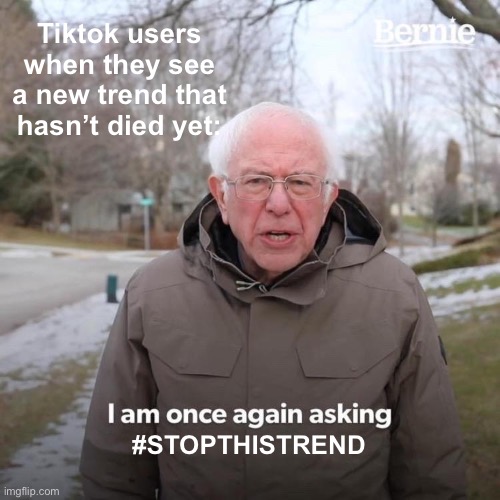 hey ;) | Tiktok users when they see a new trend that hasn’t died yet:; #STOPTHISTREND | image tagged in memes,bernie i am once again asking for your support | made w/ Imgflip meme maker