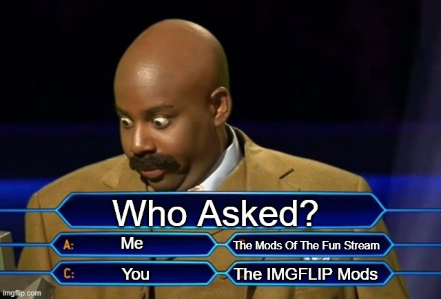 Who did it, people? | Who Asked? Me; The Mods Of The Fun Stream; The IMGFLIP Mods; You | image tagged in who wants to be a millionaire | made w/ Imgflip meme maker