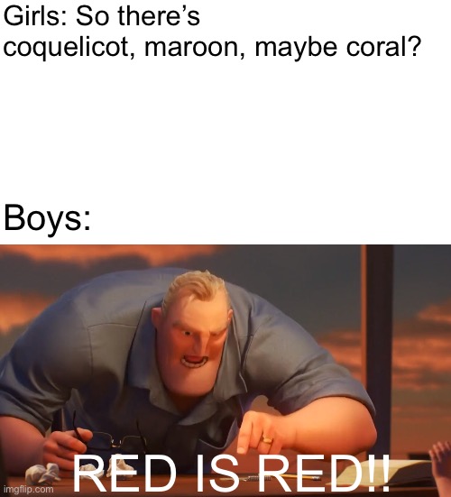 Girls: So there’s coquelicot, maroon, maybe coral? Boys:; RED IS RED!! | image tagged in blank white template,math is math | made w/ Imgflip meme maker