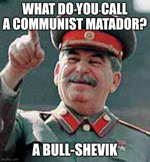 Bull-shevik | WHAT DO YOU CALL A COMMUNIST MATADOR? A BULL-SHEVIK | image tagged in stalin says,communism,puns,jpfan102504 | made w/ Imgflip meme maker
