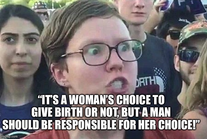 You can’t support abortion and want men to pay child support | “IT’S A WOMAN’S CHOICE TO GIVE BIRTH OR NOT, BUT A MAN SHOULD BE RESPONSIBLE FOR HER CHOICE!” | image tagged in triggered liberal | made w/ Imgflip meme maker