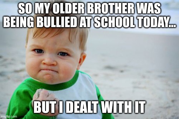 Success Kid Original | SO MY OLDER BROTHER WAS BEING BULLIED AT SCHOOL TODAY... BUT I DEALT WITH IT | image tagged in memes,success kid original | made w/ Imgflip meme maker