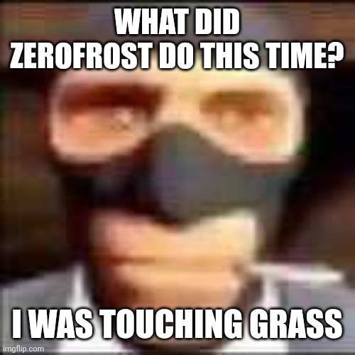 spi | WHAT DID ZEROFROST DO THIS TIME? I WAS TOUCHING GRASS | image tagged in spi | made w/ Imgflip meme maker