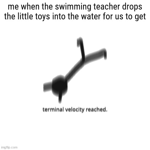 i swear i would just leap into the pool to grab those things when i took swimming lessons as a kid | me when the swimming teacher drops the little toys into the water for us to get | image tagged in terminal velocity reached,swimming pool,dive | made w/ Imgflip meme maker