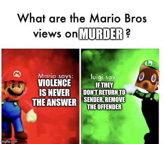 Murder | MURDER; VIOLENCE IS NEVER THE ANSWER; IF THEY DON’T RETURN TO SENDER, REMOVE THE OFFENDER | image tagged in mario bros views,what are the mario bros views on | made w/ Imgflip meme maker