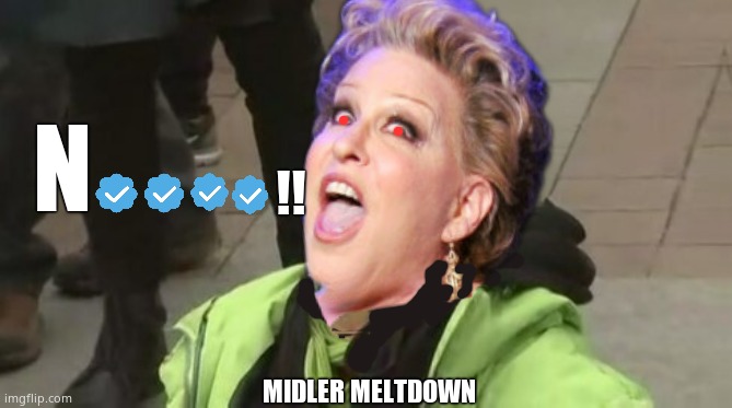 Bette Midler loses it over twitter verification removal. | N; !! MIDLER MELTDOWN | image tagged in memes,twitter,bette midler,democrats,elon musk,political meme | made w/ Imgflip meme maker