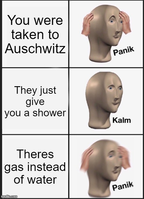 Panik Kalm Panik | You were taken to Auschwitz; They just give you a shower; Theres gas instead of water | image tagged in memes,panik kalm panik | made w/ Imgflip meme maker