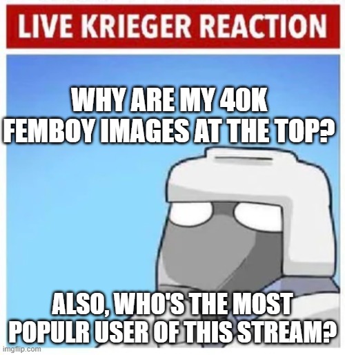 Answer me in comments. | WHY ARE MY 40K FEMBOY IMAGES AT THE TOP? ALSO, WHO'S THE MOST POPULR USER OF THIS STREAM? | image tagged in live krieger reaction | made w/ Imgflip meme maker