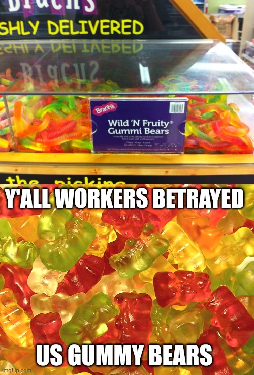 More like gummy worms | Y'ALL WORKERS BETRAYED; US GUMMY BEARS | image tagged in gummy bears,you had one job,memes,gummy worms,fails,candy | made w/ Imgflip meme maker