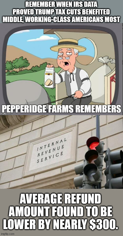 43 percent said that the refunds are “very important” while 32 percent said it was “somewhat important.” | REMEMBER WHEN IRS DATA PROVED TRUMP TAX CUTS BENEFITED MIDDLE, WORKING-CLASS AMERICANS MOST; AVERAGE REFUND AMOUNT FOUND TO BE LOWER BY NEARLY $300. | image tagged in pepperidge farms remembers,tax refund | made w/ Imgflip meme maker