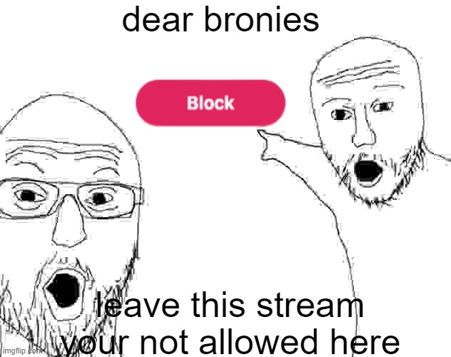 ? | dear bronies; leave this stream your not allowed here | image tagged in soyjak pointing | made w/ Imgflip meme maker