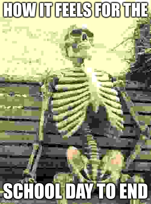 so true | HOW IT FEELS FOR THE; SCHOOL DAY TO END | image tagged in memes,waiting skeleton,school,school meme,relatable,relatable memes | made w/ Imgflip meme maker