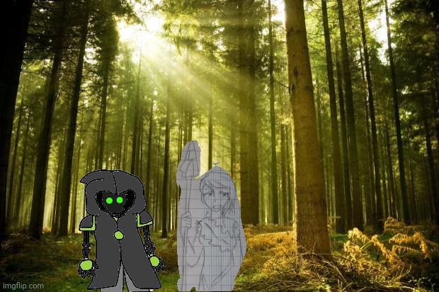 In a forest, Death and Nata slow dance to the beat of chirping birds | image tagged in sunlit forest | made w/ Imgflip meme maker