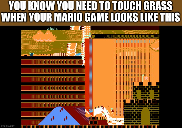 crazy mario | YOU KNOW YOU NEED TO TOUCH GRASS
WHEN YOUR MARIO GAME LOOKS LIKE THIS | image tagged in crazy mario | made w/ Imgflip meme maker