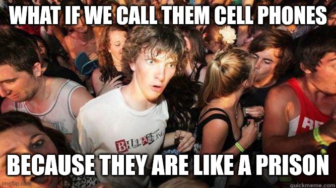 What if they call them cell phones because they are like a prison? | WHAT IF WE CALL THEM CELL PHONES; BECAUSE THEY ARE LIKE A PRISON | image tagged in sudden realization | made w/ Imgflip meme maker