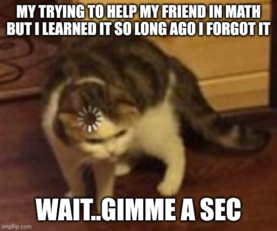 This always happens | MY TRYING TO HELP MY FRIEND IN MATH BUT I LEARNED IT SO LONG AGO I FORGOT IT; WAIT..GIMME A SEC | image tagged in loading cat | made w/ Imgflip meme maker
