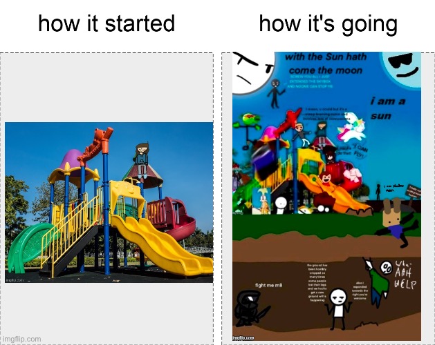 the playground | image tagged in how it started vs how it's going,drawings | made w/ Imgflip meme maker