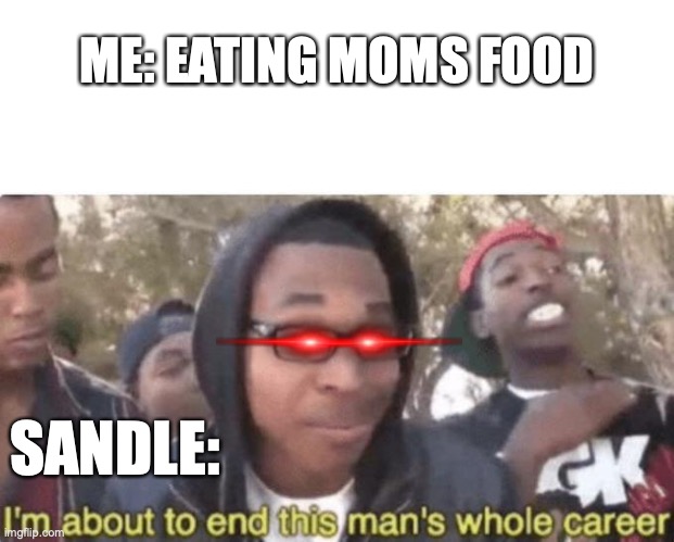 I am about to end this man’s whole career | ME: EATING MOMS FOOD; SANDLE: | image tagged in i am about to end this man s whole career | made w/ Imgflip meme maker