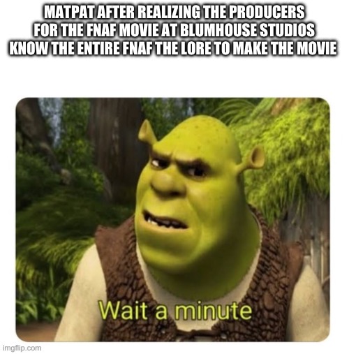 Ooo | MATPAT AFTER REALIZING THE PRODUCERS FOR THE FNAF MOVIE AT BLUMHOUSE STUDIOS KNOW THE ENTIRE FNAF THE LORE TO MAKE THE MOVIE | image tagged in shrek wait a minute | made w/ Imgflip meme maker