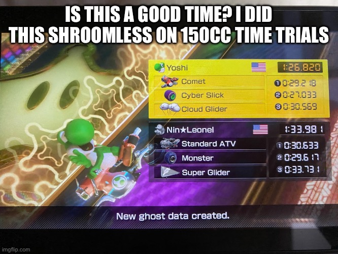 Idk, random time I got on a shroomless run. Trying to get gold wheels. | IS THIS A GOOD TIME? I DID THIS SHROOMLESS ON 150CC TIME TRIALS | made w/ Imgflip meme maker