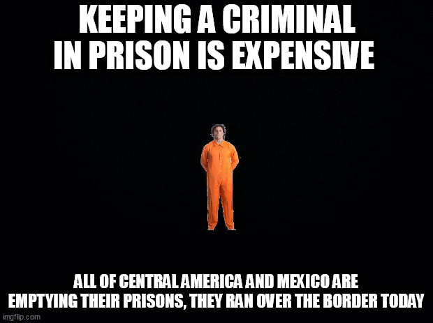 Black background | KEEPING A CRIMINAL IN PRISON IS EXPENSIVE; ALL OF CENTRAL AMERICA AND MEXICO ARE EMPTYING THEIR PRISONS, THEY RAN OVER THE BORDER TODAY | image tagged in black background | made w/ Imgflip meme maker