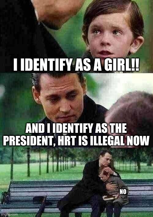 I would LOVE to do this to those snowflakes! | I IDENTIFY AS A GIRL!! AND I IDENTIFY AS THE PRESIDENT, HRT IS ILLEGAL NOW; NO | image tagged in memes,finding neverland | made w/ Imgflip meme maker