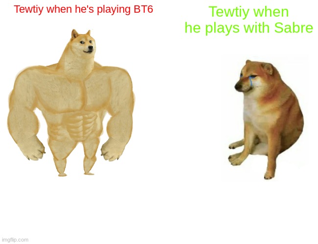 Buff Doge vs. Cheems Meme | Tewtiy when he's playing BT6 Tewtiy when he plays with Sabre | image tagged in memes,buff doge vs cheems | made w/ Imgflip meme maker