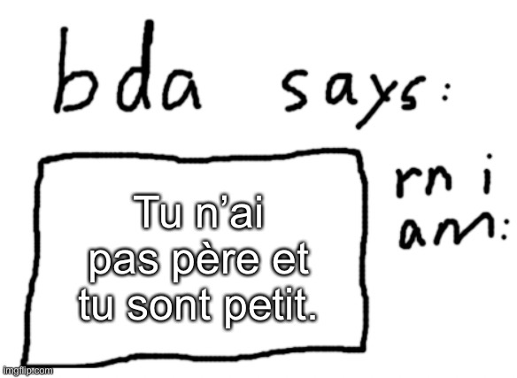 this is why I learned french | Tu n’ai pas père et tu sont petit. | image tagged in official badlydrawnaxolotl announcement temp | made w/ Imgflip meme maker