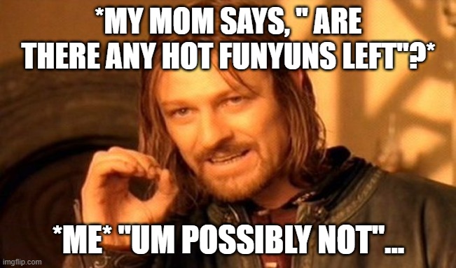 One Does Not Simply | *MY MOM SAYS, " ARE THERE ANY HOT FUNYUNS LEFT"?*; *ME* "UM POSSIBLY NOT"... | image tagged in memes,one does not simply | made w/ Imgflip meme maker