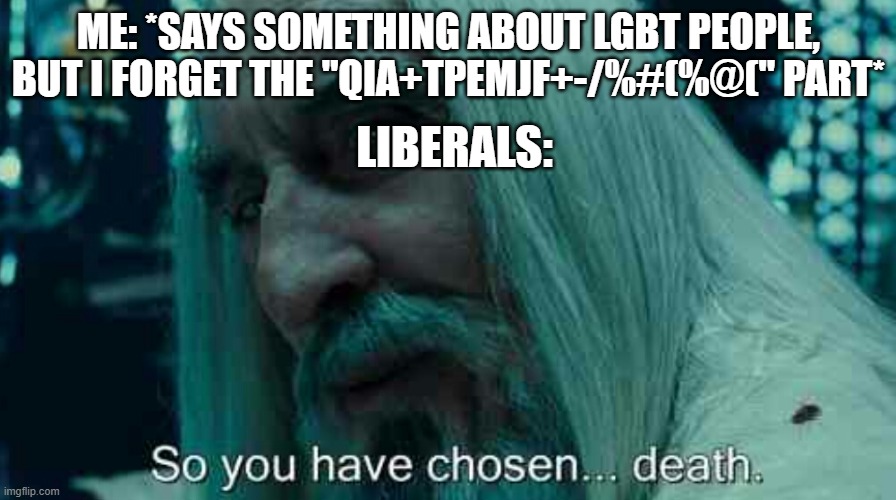 So you have chosen death | ME: *SAYS SOMETHING ABOUT LGBT PEOPLE, BUT I FORGET THE "QIA+TPEMJF+-/%#(%@(" PART*; LIBERALS: | image tagged in so you have chosen death | made w/ Imgflip meme maker
