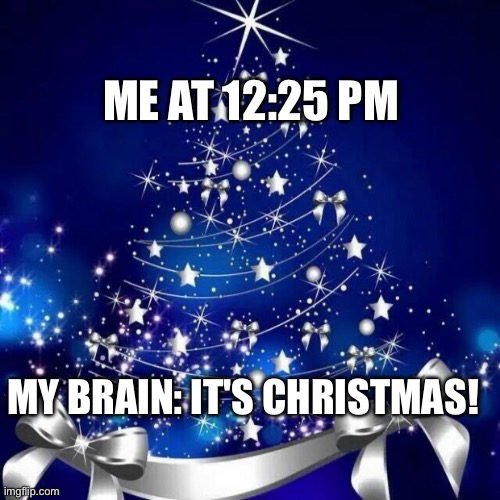 Christmas in April | ME AT 12:25 PM; MY BRAIN: IT'S CHRISTMAS! | image tagged in christmas,time,too early | made w/ Imgflip meme maker