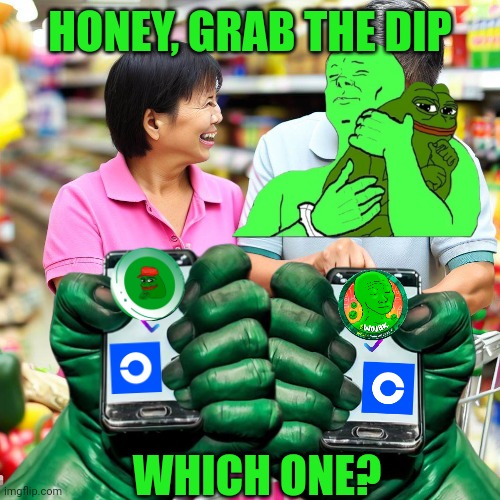 $Pepe and $wojak | HONEY, GRAB THE DIP; WHICH ONE? | image tagged in cryptocurrency,facial expressions,memes,stonks,crypto,bitcoin | made w/ Imgflip meme maker