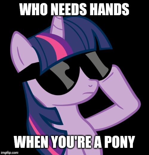 Twilight with shades | WHO NEEDS HANDS WHEN YOU'RE A PONY | image tagged in twilight with shades | made w/ Imgflip meme maker