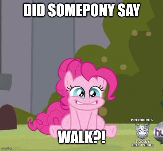 Excited Pinkie Pie | DID SOMEPONY SAY WALK?! | image tagged in excited pinkie pie | made w/ Imgflip meme maker